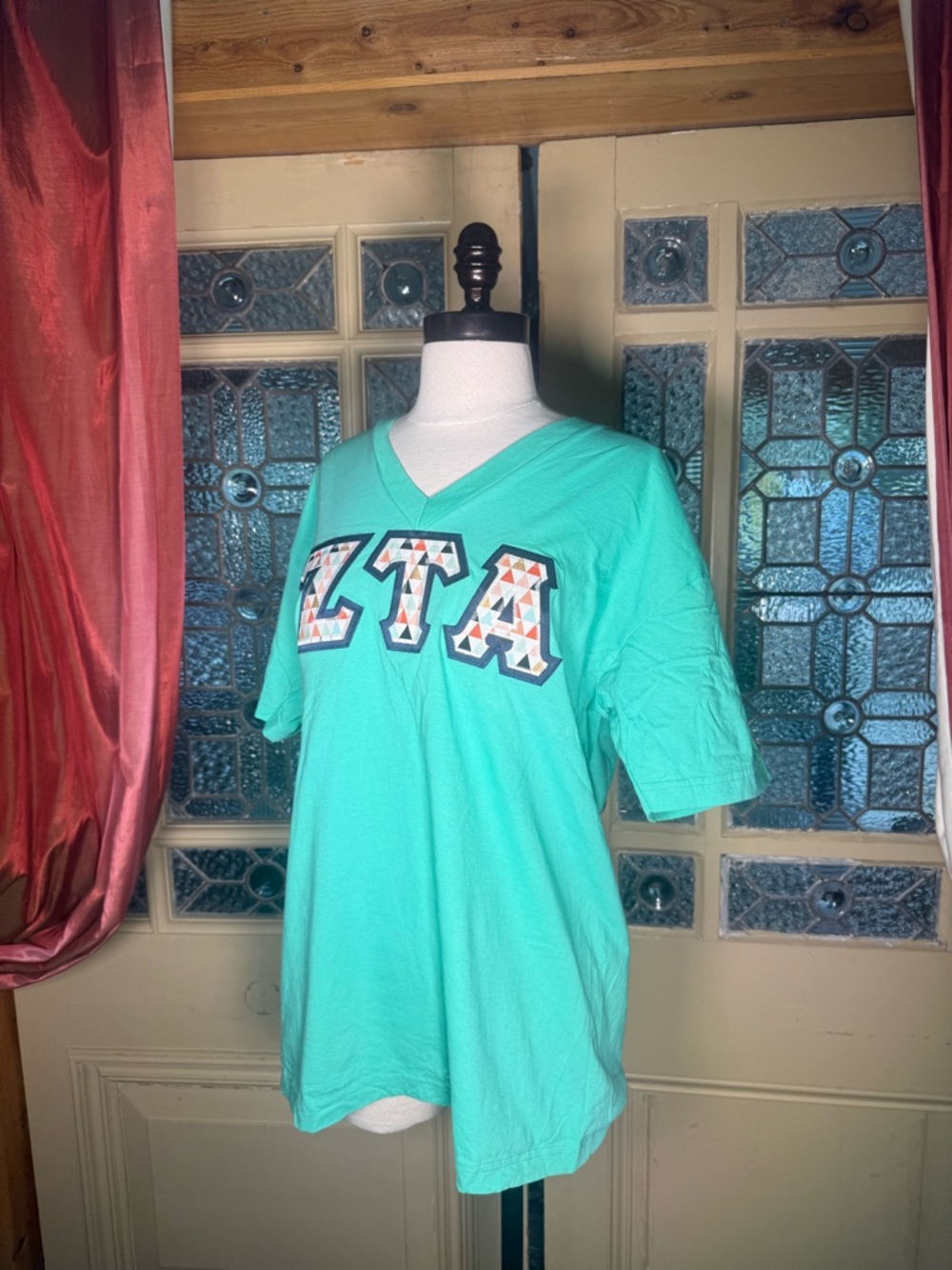 American Apparel Teal V-Neck Short Sleeve Tee with Multicolor Lettering